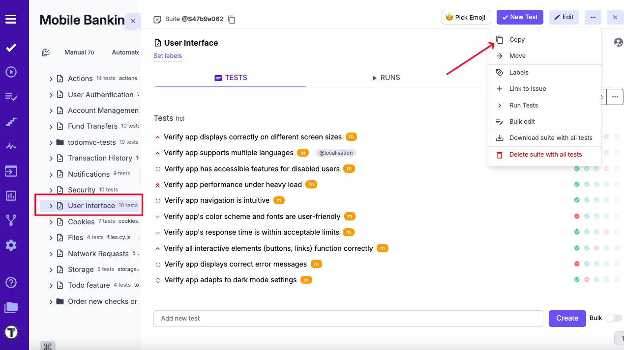 Testomat.io - 'Copy' button